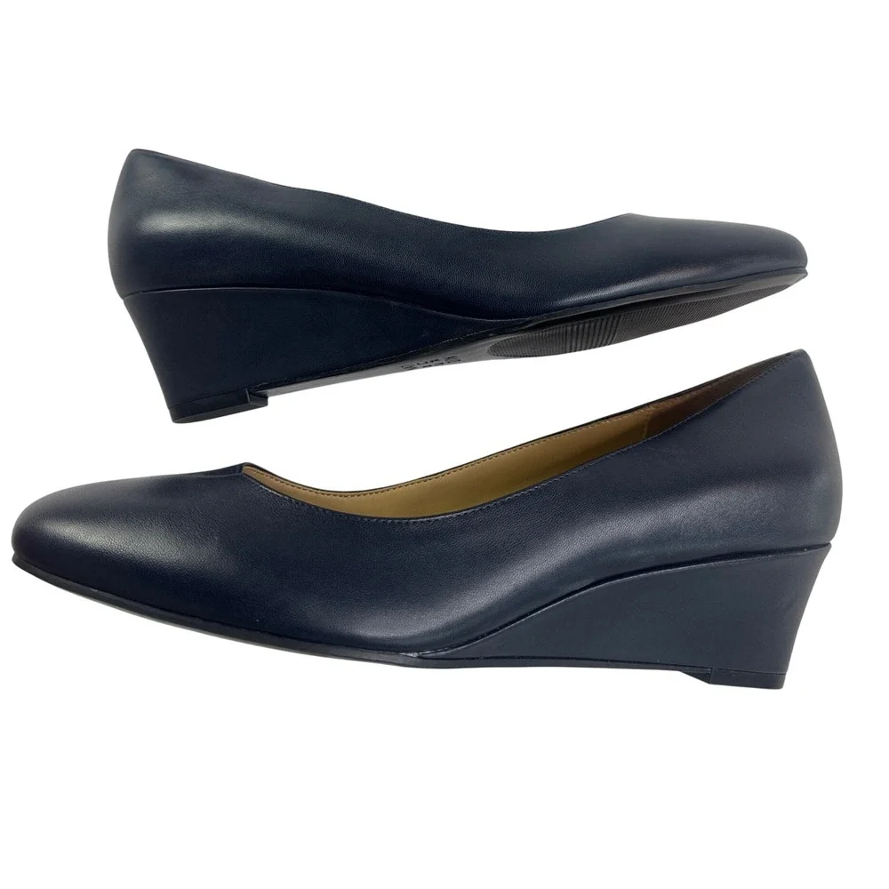 Naturalizer Pilar Navy Blue Leather Wedge Pumps Round Toe Shoes Womens 9W